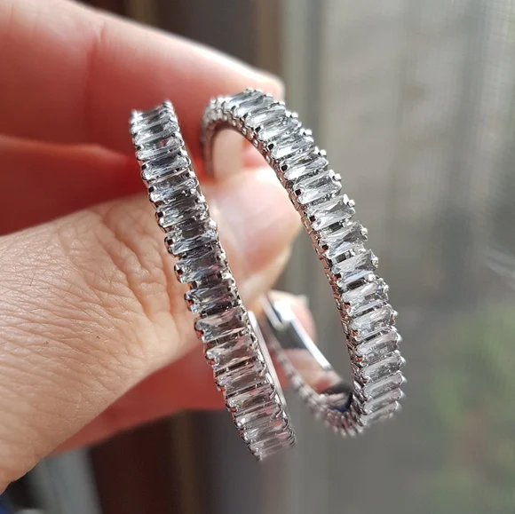 Swarovski Elements Platinum Plated Large Baguette Hoop Earrings NEW - Picture 15 of 17